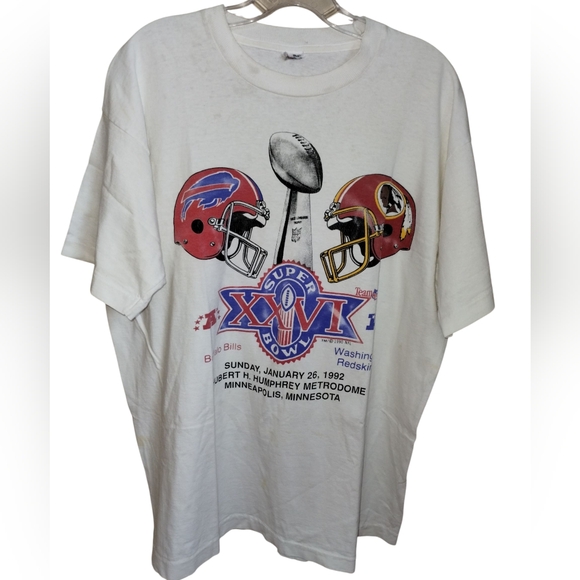 Vtg '92 NFL Super Bowl XXVI (26) Bills v Redskins XL white Cotton USA Distressed - Picture 1 of 12